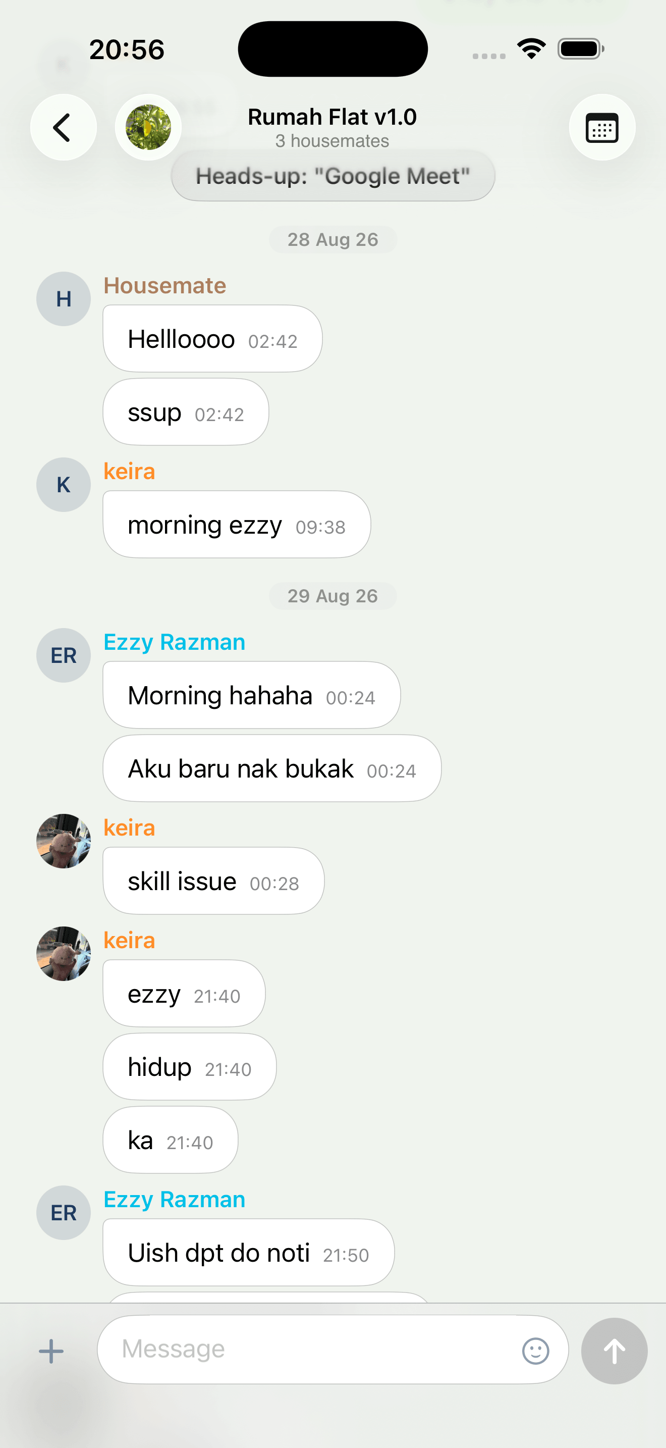 A house chat thread with a pinned heads-up, day dividers and each housemate in their own name colour.