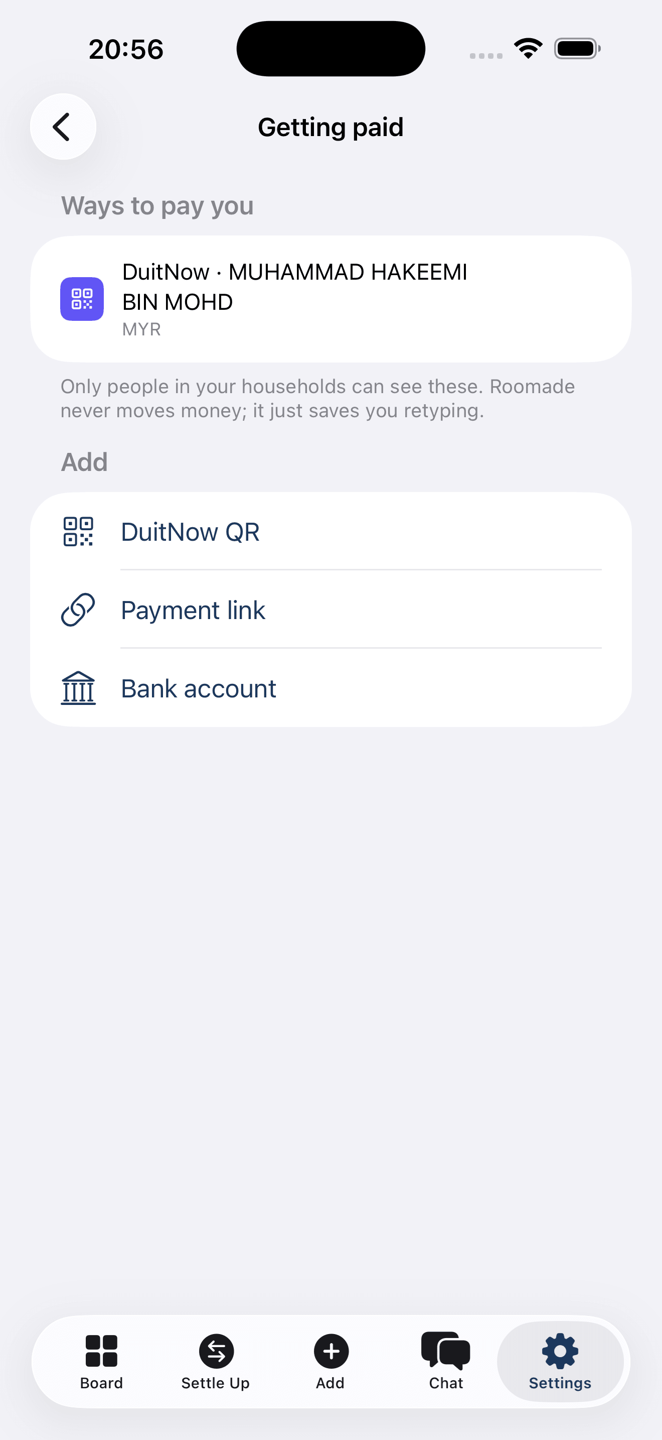The Getting paid screen with a saved DuitNow handle and options to add a QR, payment link or bank account.