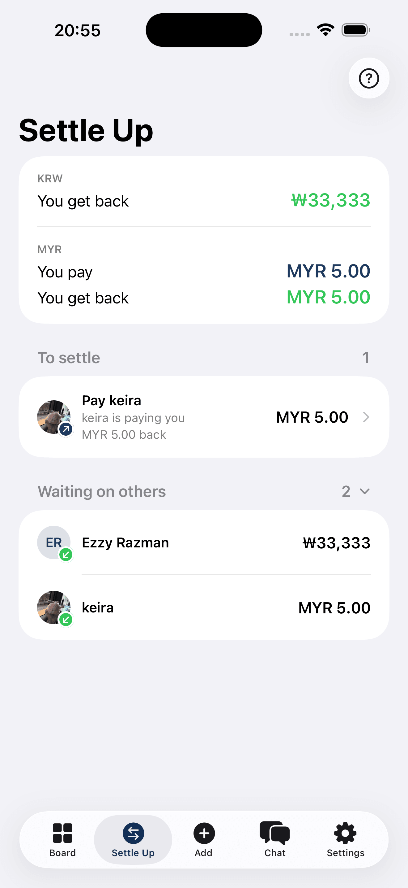 The Settle Up screen showing a KRW line and an MYR line, split into what you pay and what you get back.